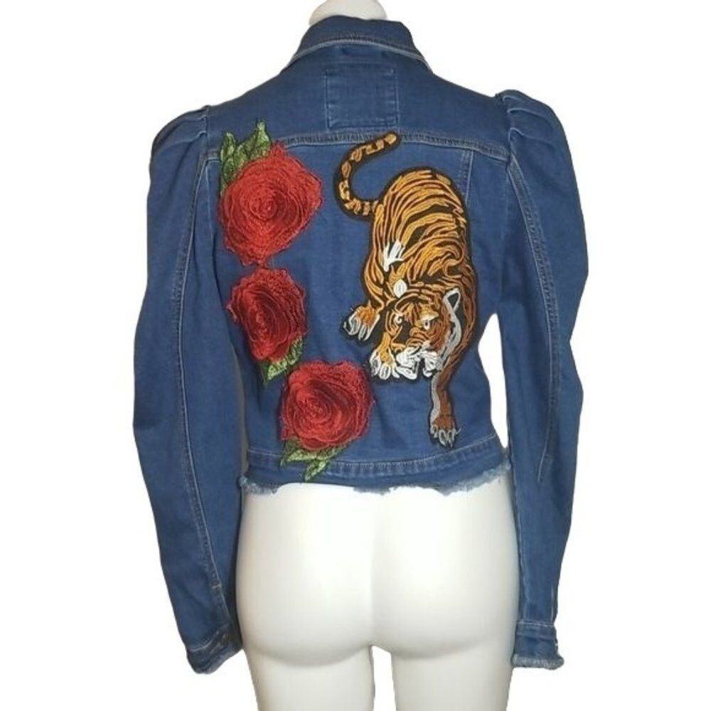 Denimland Tiger Rose Embroidery Puff Shoulder Denim Jacket Women's M Raw Hem